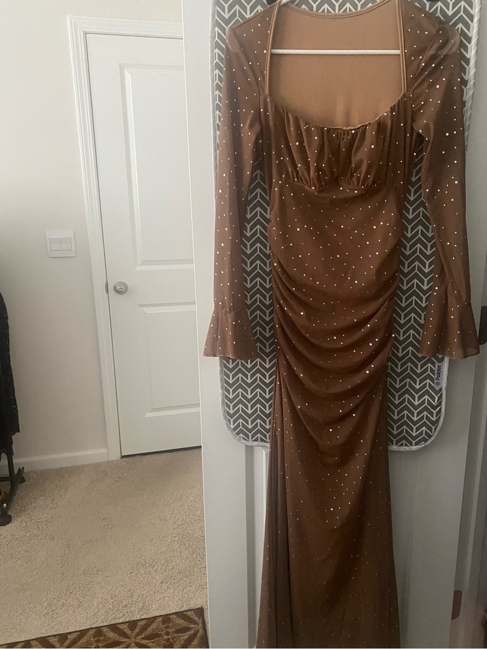 New Without Tag  Long Sleeve Ruched Maxi Evening Dress with Sparkle Accents Size